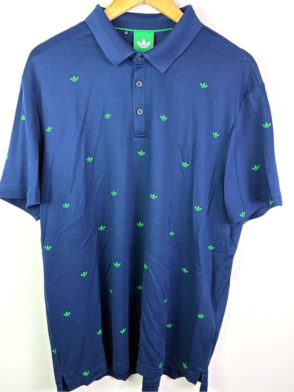 Adidas Men's Navy Polo with Green Trefoil  pattern size XL